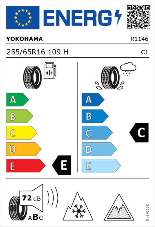 Tyre Label for Yokohama Geolandar-G015 255/65R16 109H