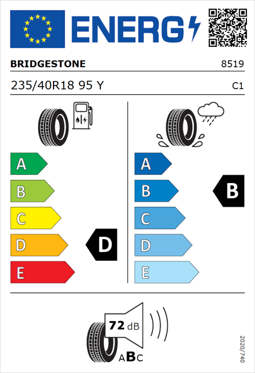 Tyre Label for Bridgestone Potenza RE050A 235/40R18 95Y