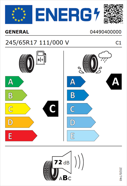 Tyre Label for General Grabber GT Plus 245/65R17 111/000V