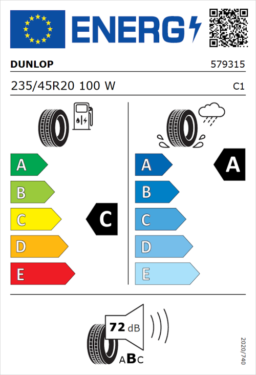 Tyre Label for Dunlop Sportmaxx RT 2 SUV 235/45R20 100W
