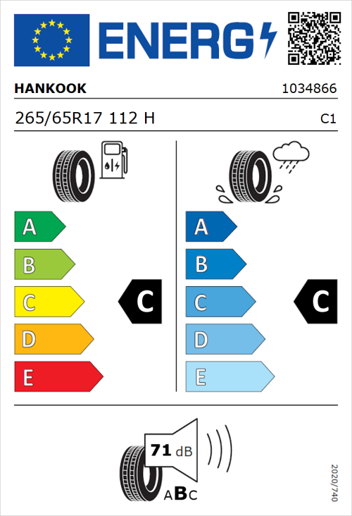 Tyre Label for Hankook Dynapro HPX 265/65R17 112H