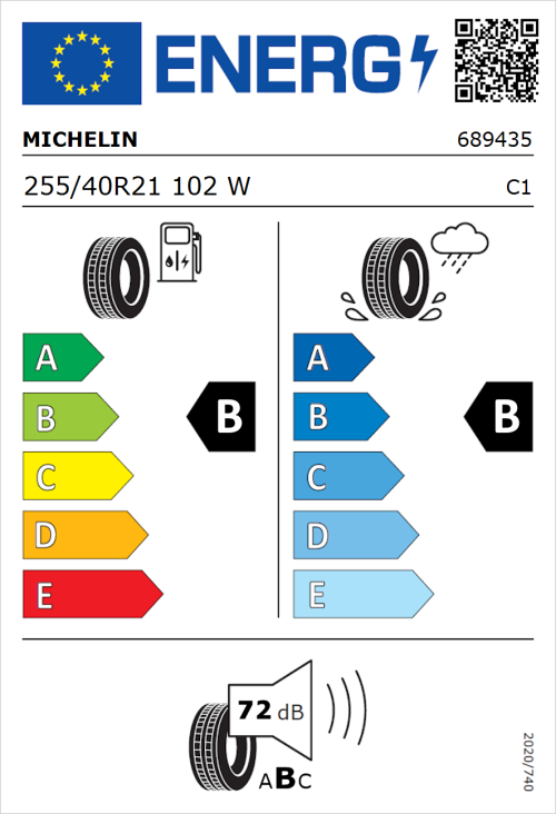 Tyre Label for Michelin Pilot Sport EV 255/40R21 102W